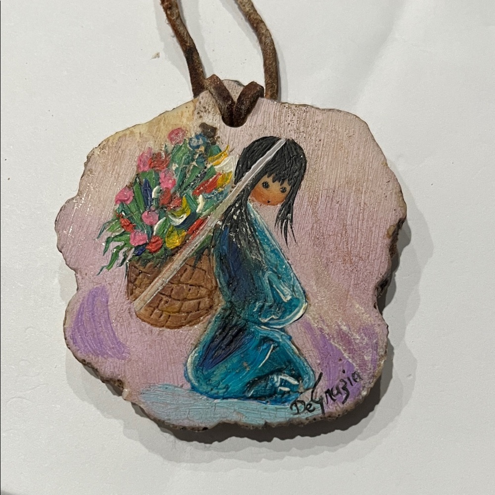 Vintage Hand-Painted Wooden Pendant by Ted DeGrazia
